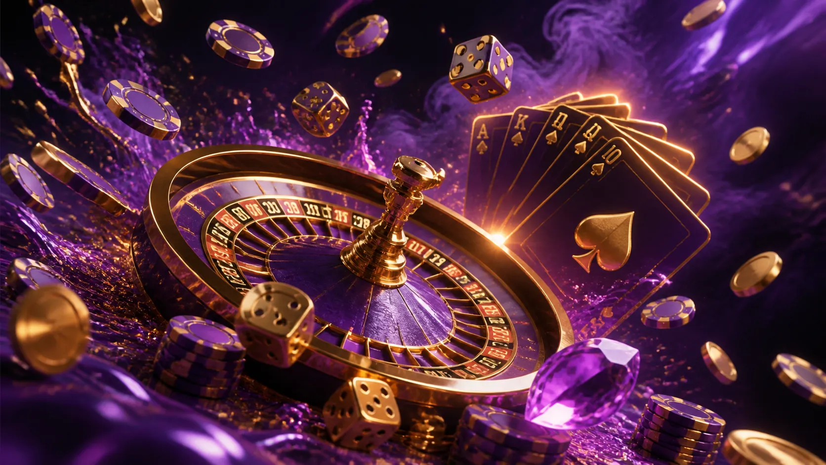 Explosive celebration of luck with dice, cards, and gold coins bursting in a luxurious casino ambiance.